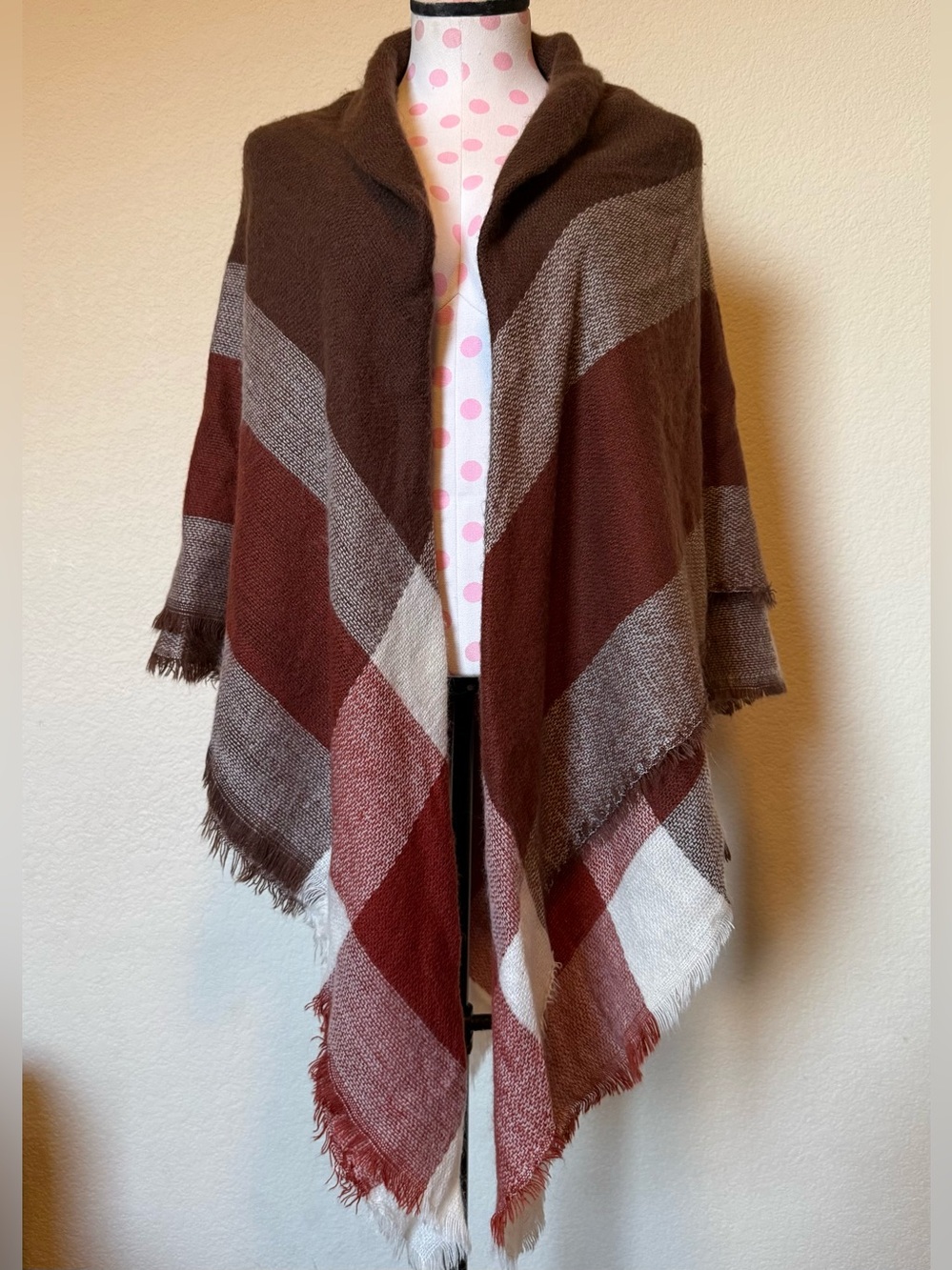 Large Brown, White & Burgundy Plaid Shawl